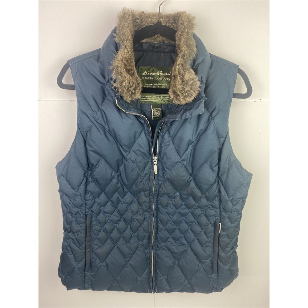 Eddie Bauer Premium Goose Down Faux Fur Collar Vest Women's Large Blue Quilted